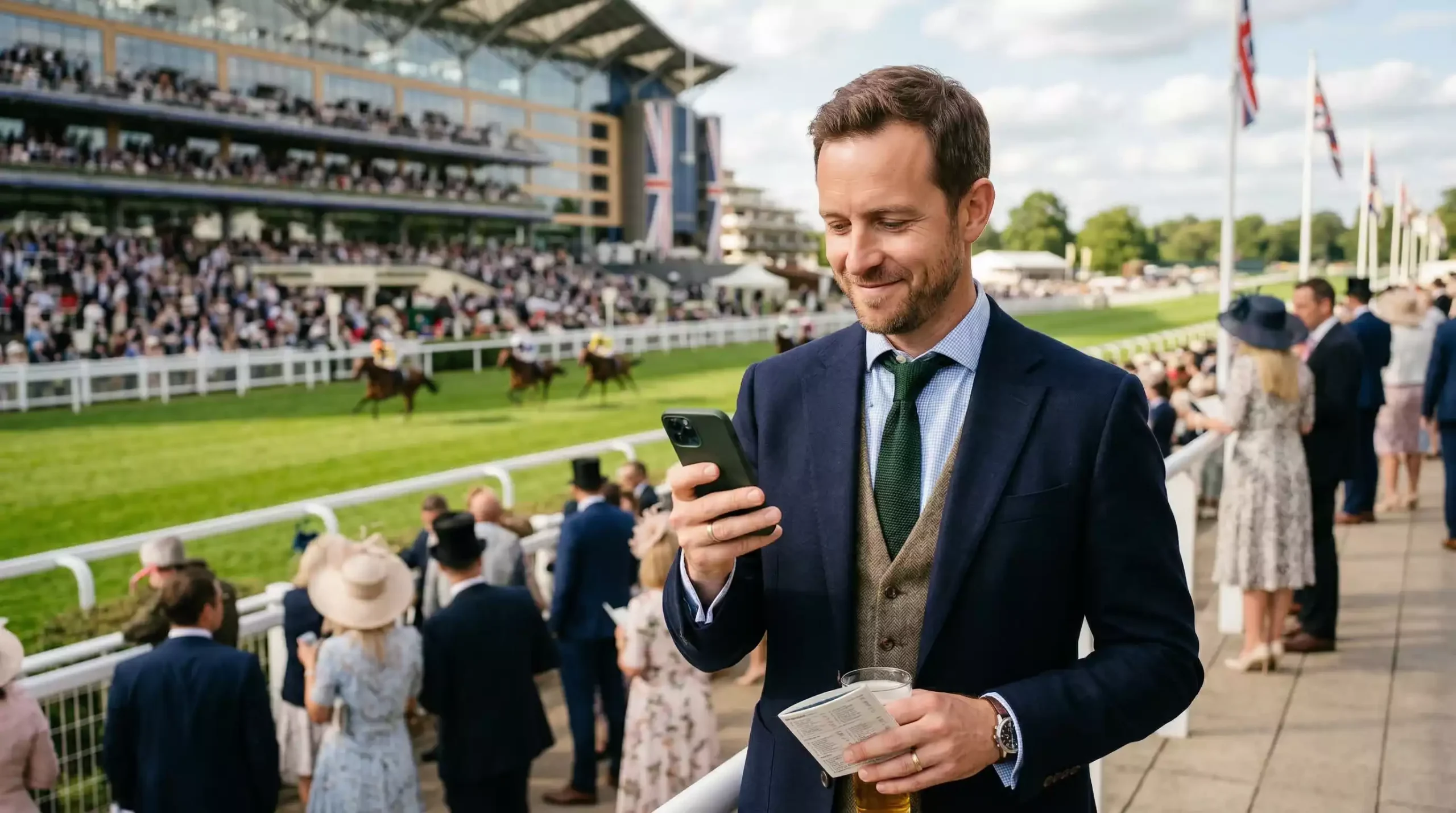 Punter checking horse racing odds on mobile with Best Odds Guaranteed badge