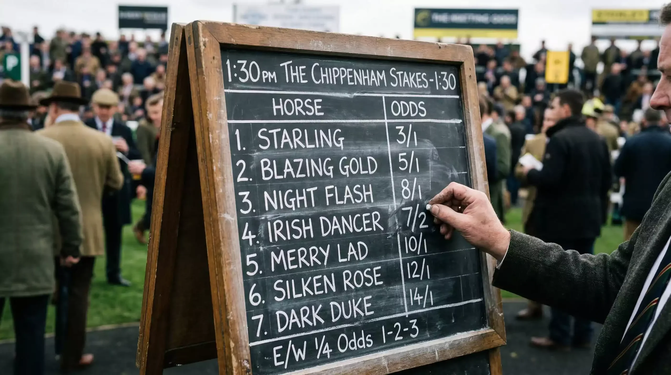 Bookmaker odds board showing horse racing prices and implied margins