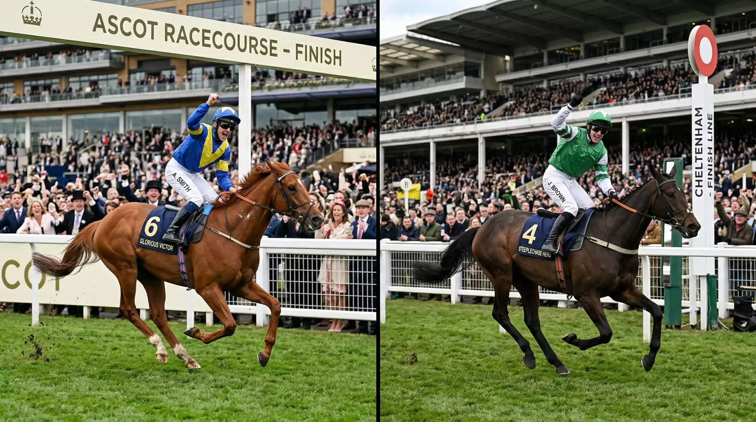 Two horses winning separate races displayed on betting screens