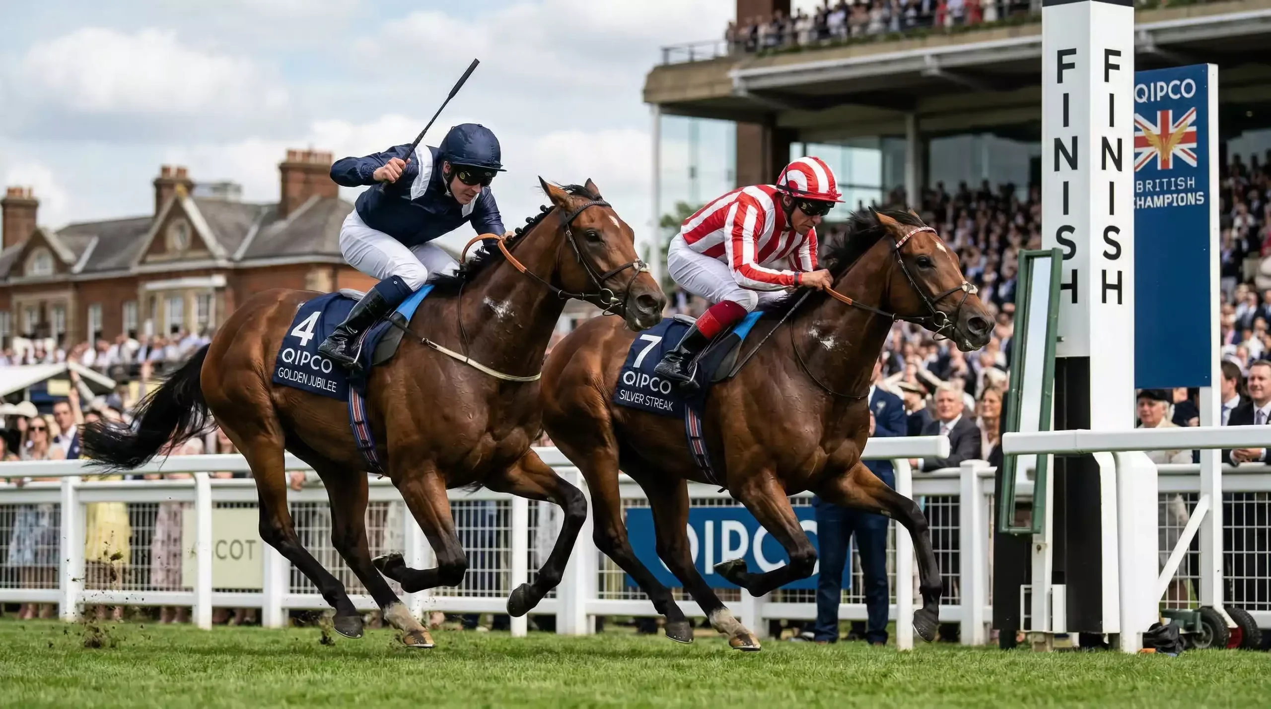 Two horses racing neck and neck towards the finish line at a UK racecourse