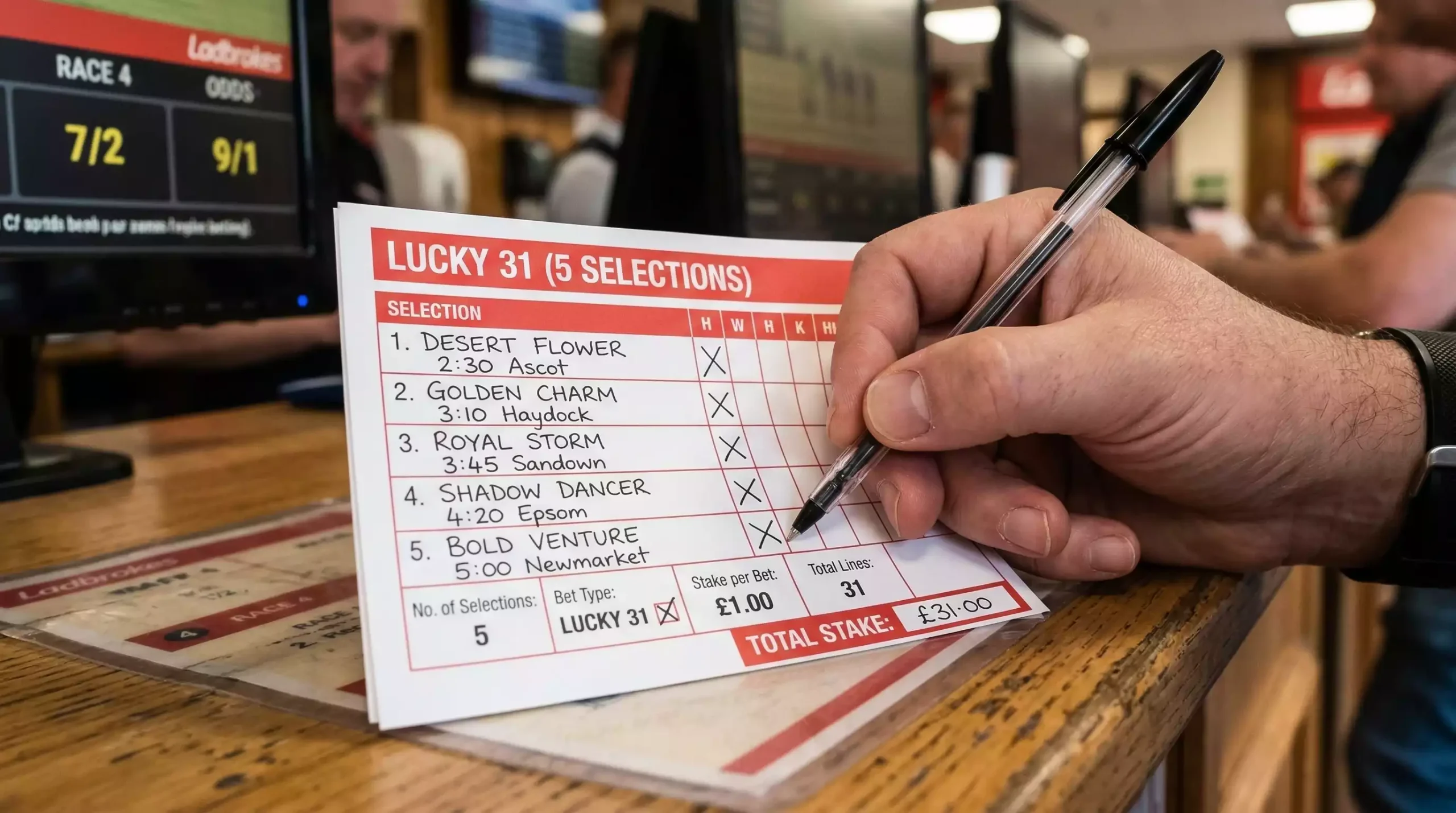 Lucky 31 betting slip with five horse racing selections marked