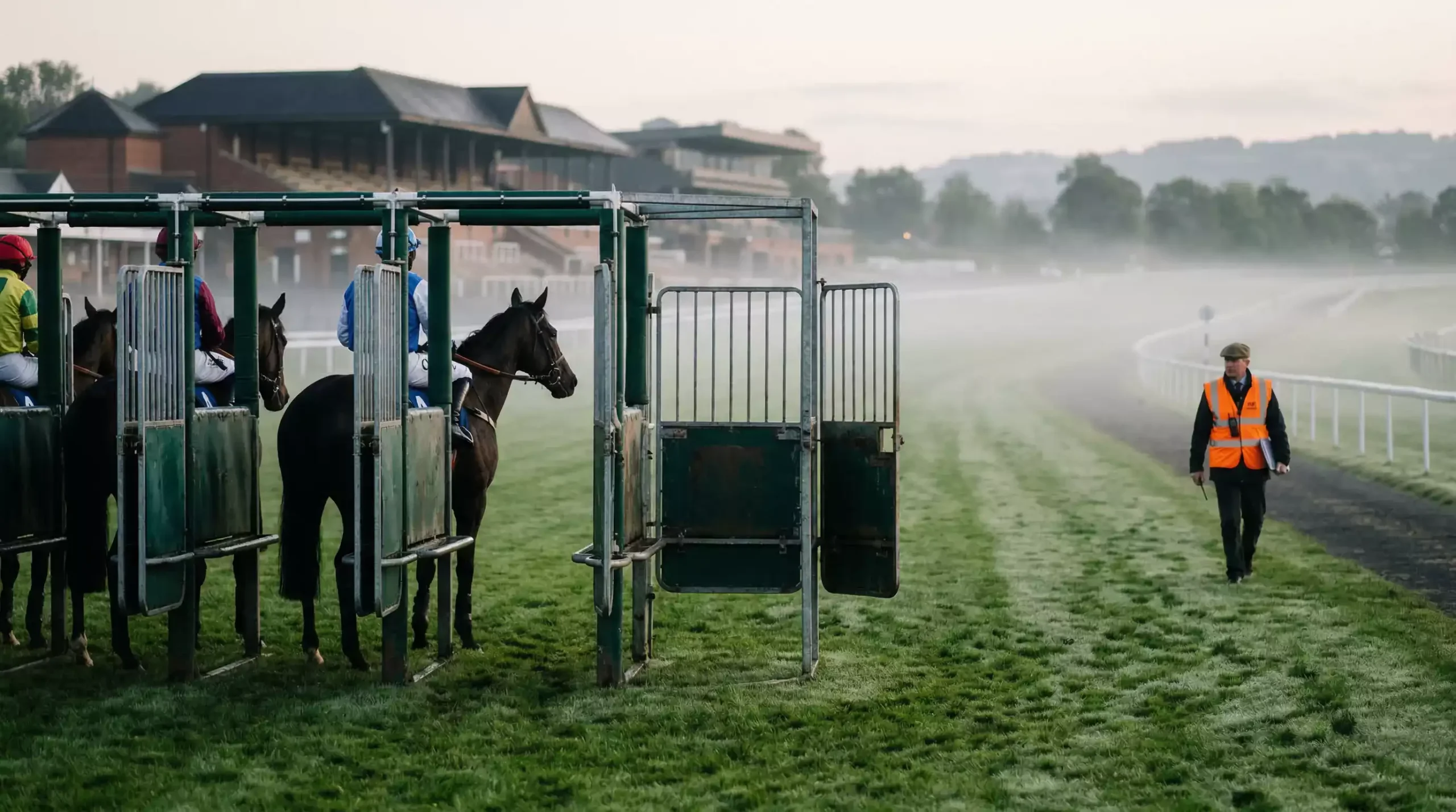 Empty horse racing stall with non-runner sign at UK racecourse