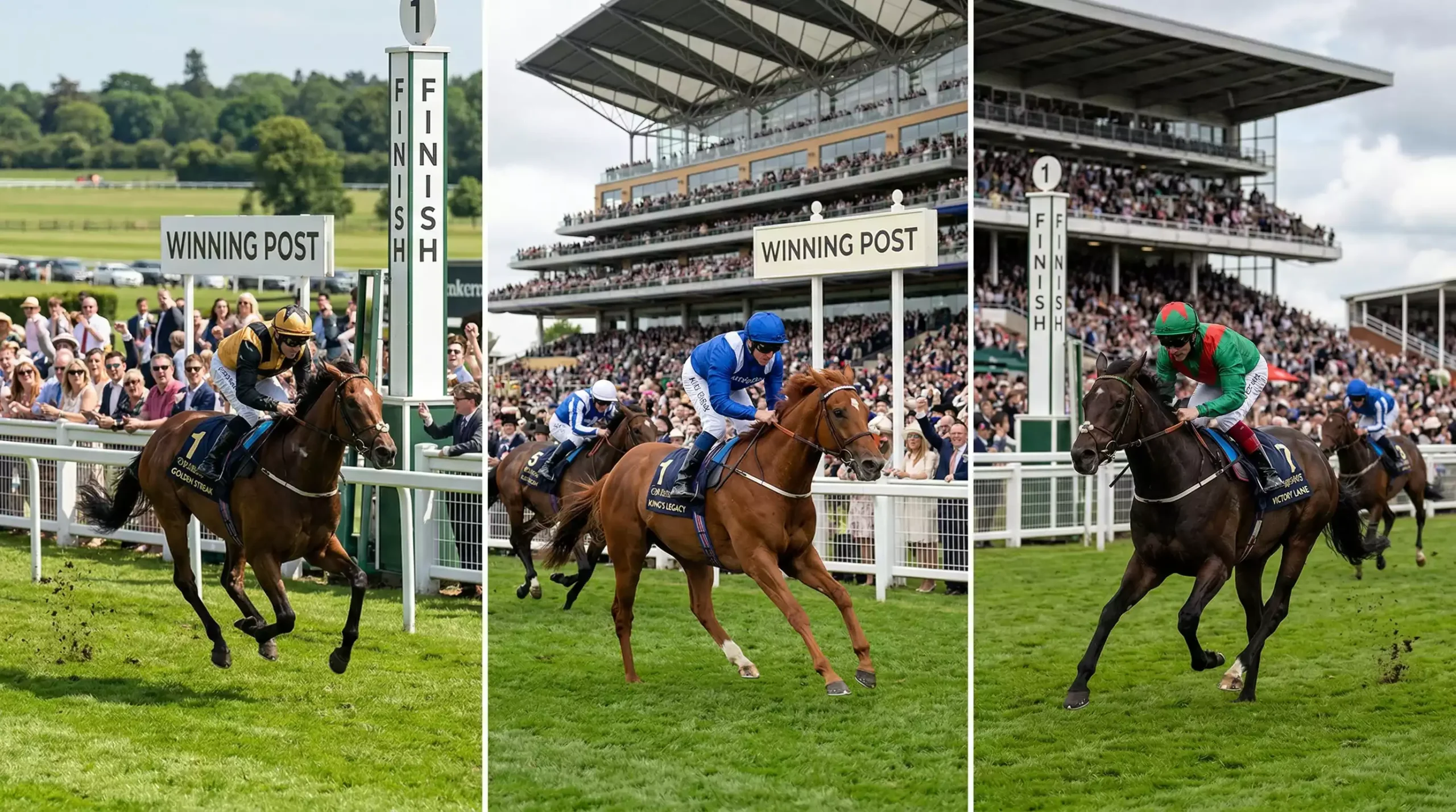 Three winning horses from different races on a betting display