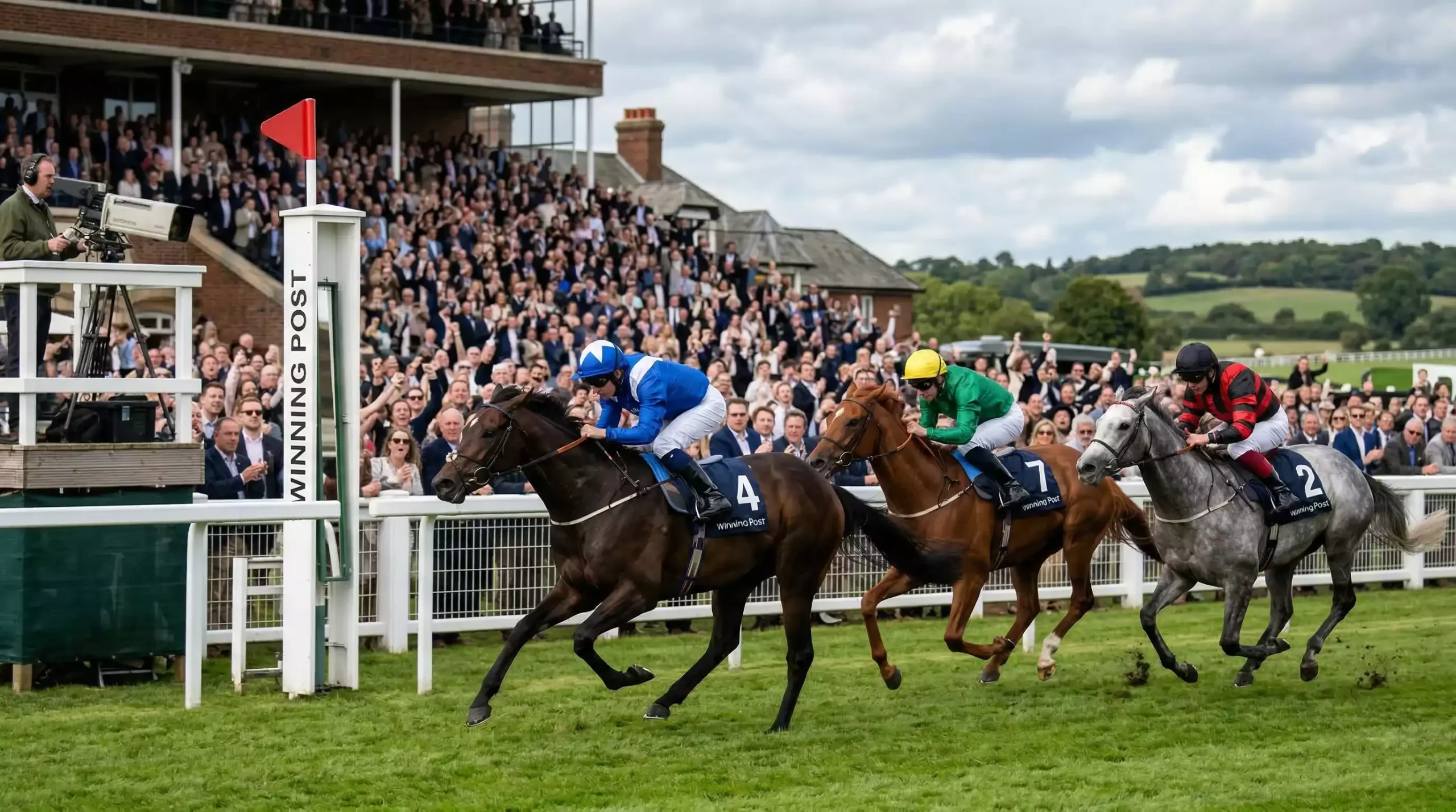 Three horses crossing the finish line in close order at a UK racecourse