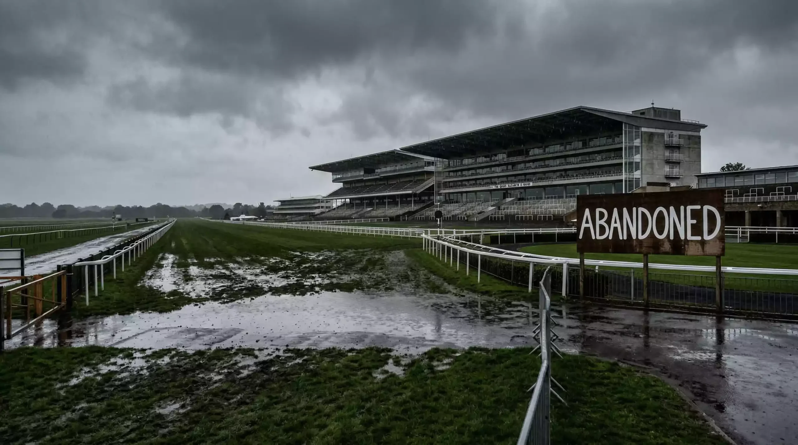 Empty racecourse with abandoned race sign and wet track conditions