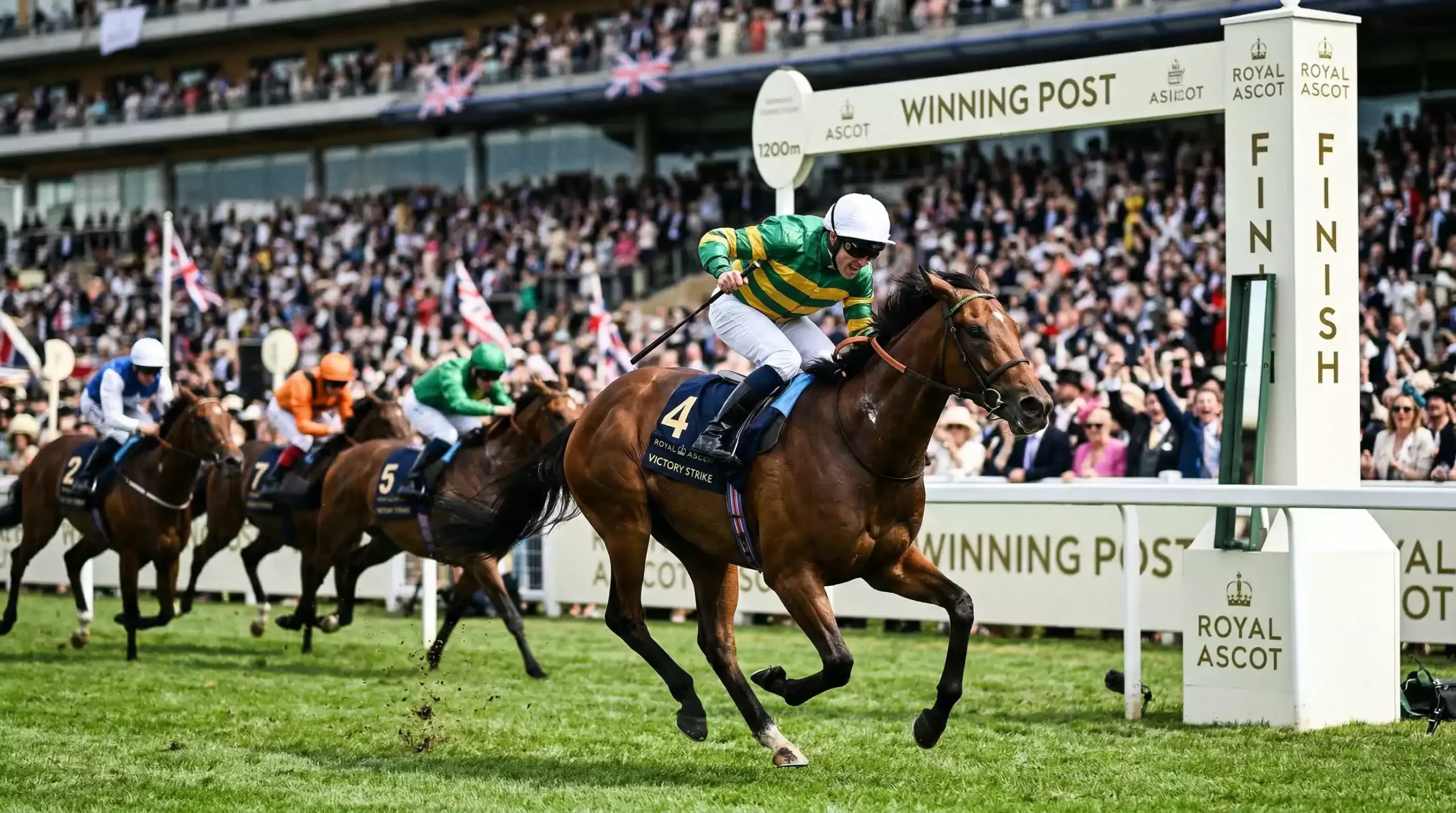 Horse crossing the finish line first in a UK horse race